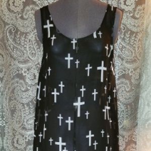 Gothic Black White Sheer Dress Crosses Print Med